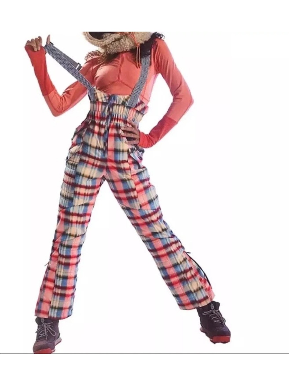 FP MOVEMENT FREE PEOPLE WOMENS ALL PREPPED SKI BIB PLAID  NWT